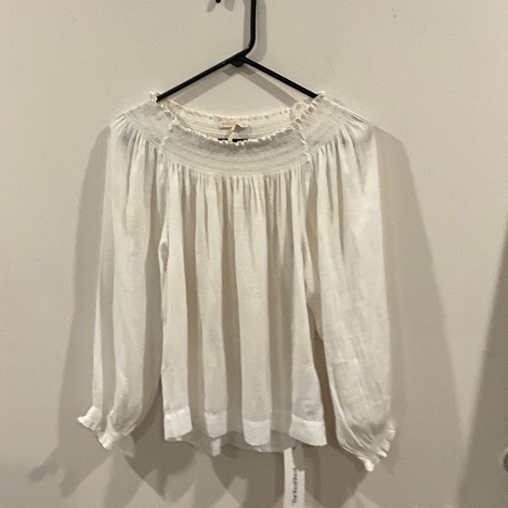 Maje White Blouse with Smocked Neckline